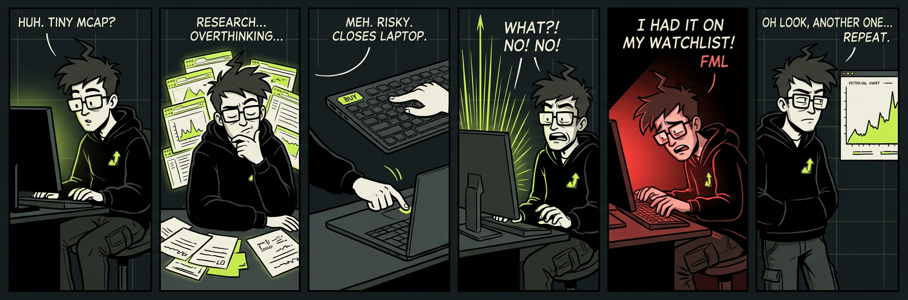Six comic panels showing Cal discover, overthink, skip, and regret a fictional coin before repeating the cycle