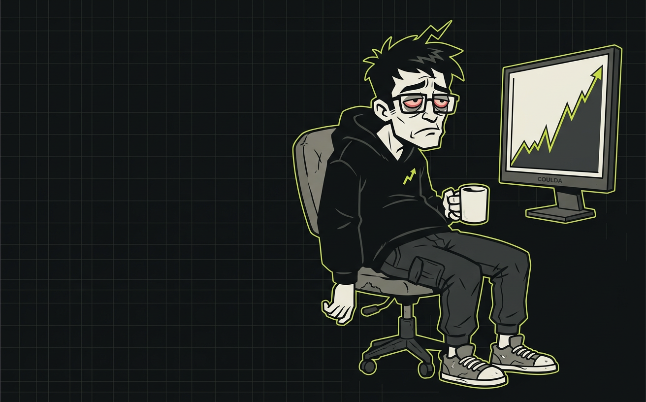 The COULDA mascot slumped in a chair while watching a fictional chart surge without him